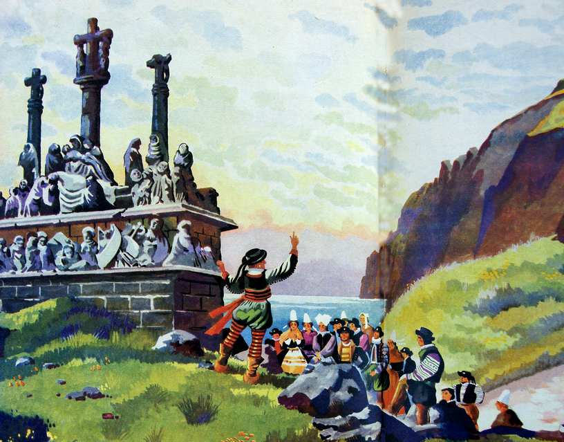 dessin de Sabran illustrant une scène religieuse autour d'un calvaire au XIXe siècle