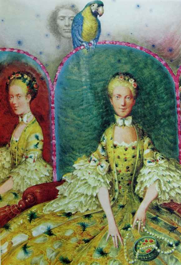 Princesse assise avec un perroquet sur le dossier derrière