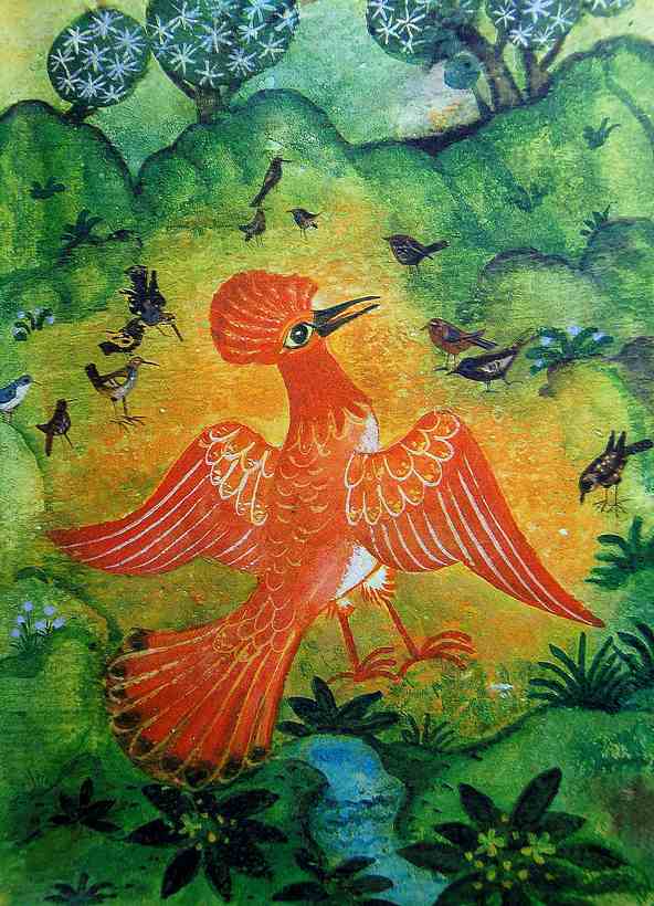 Un oiseau rouge qui se dresse dans un paysage vallonnée