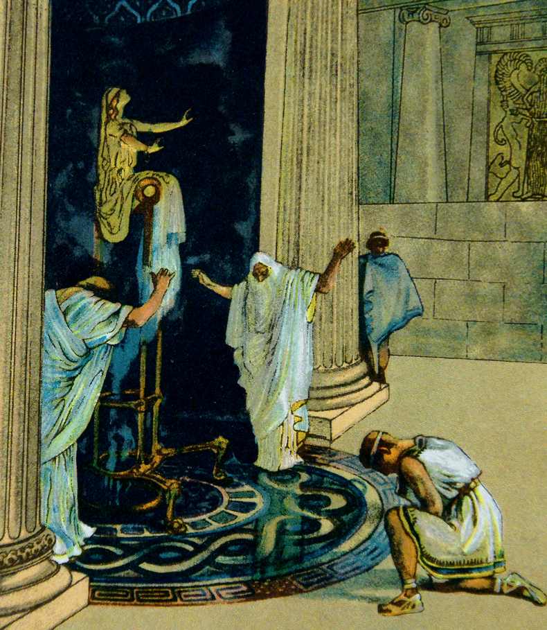 Dessin du site de Delphes et de l'oracle